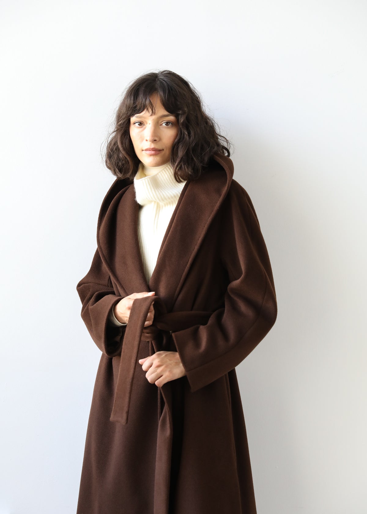 Goff Hooded Wrap Coat in Mocha Brown Virgin Wool