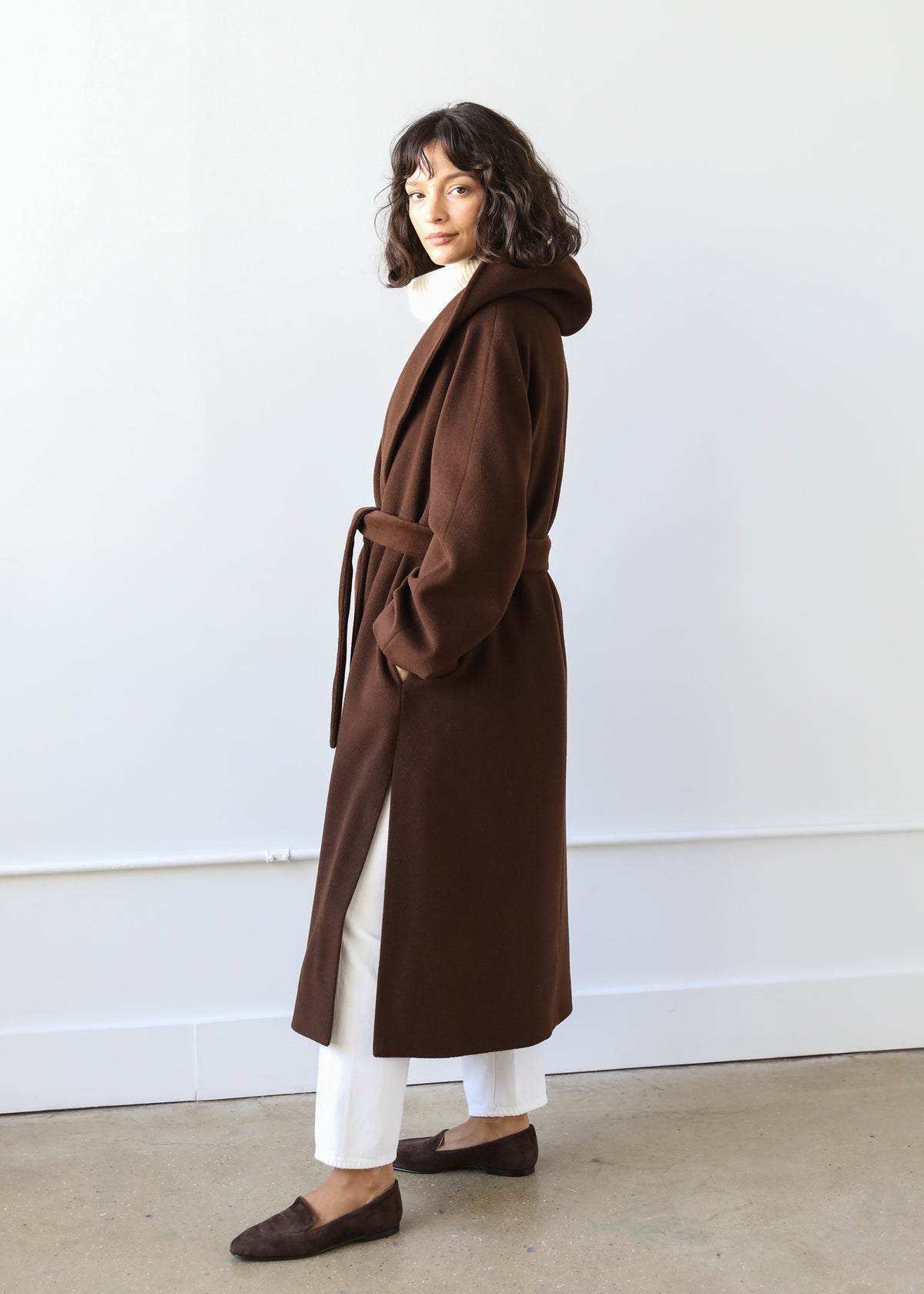 Goff Hooded Wrap Coat in Mocha Brown Virgin Wool