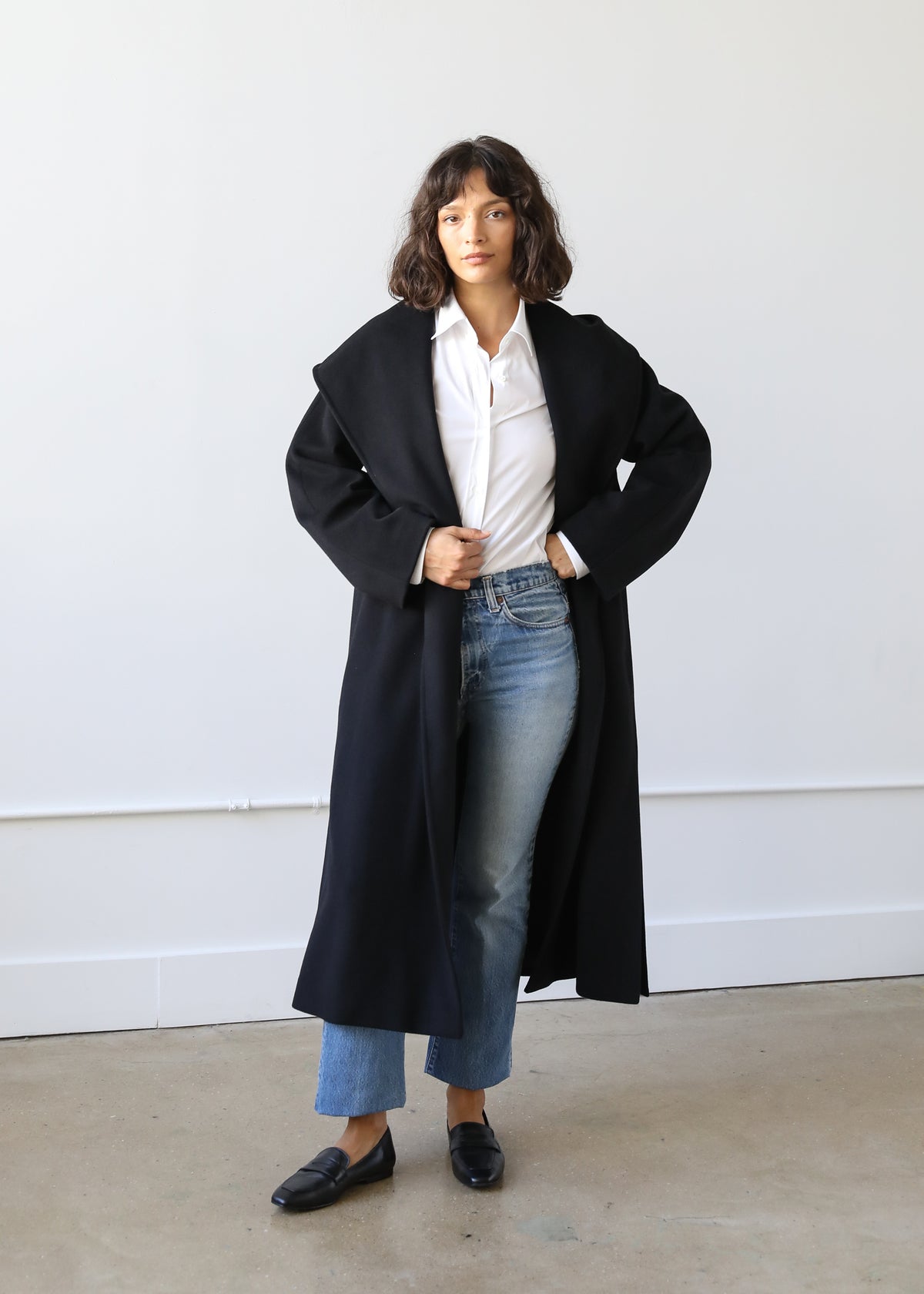 Goff Hooded Wrap Coat in Black Virgin Wool