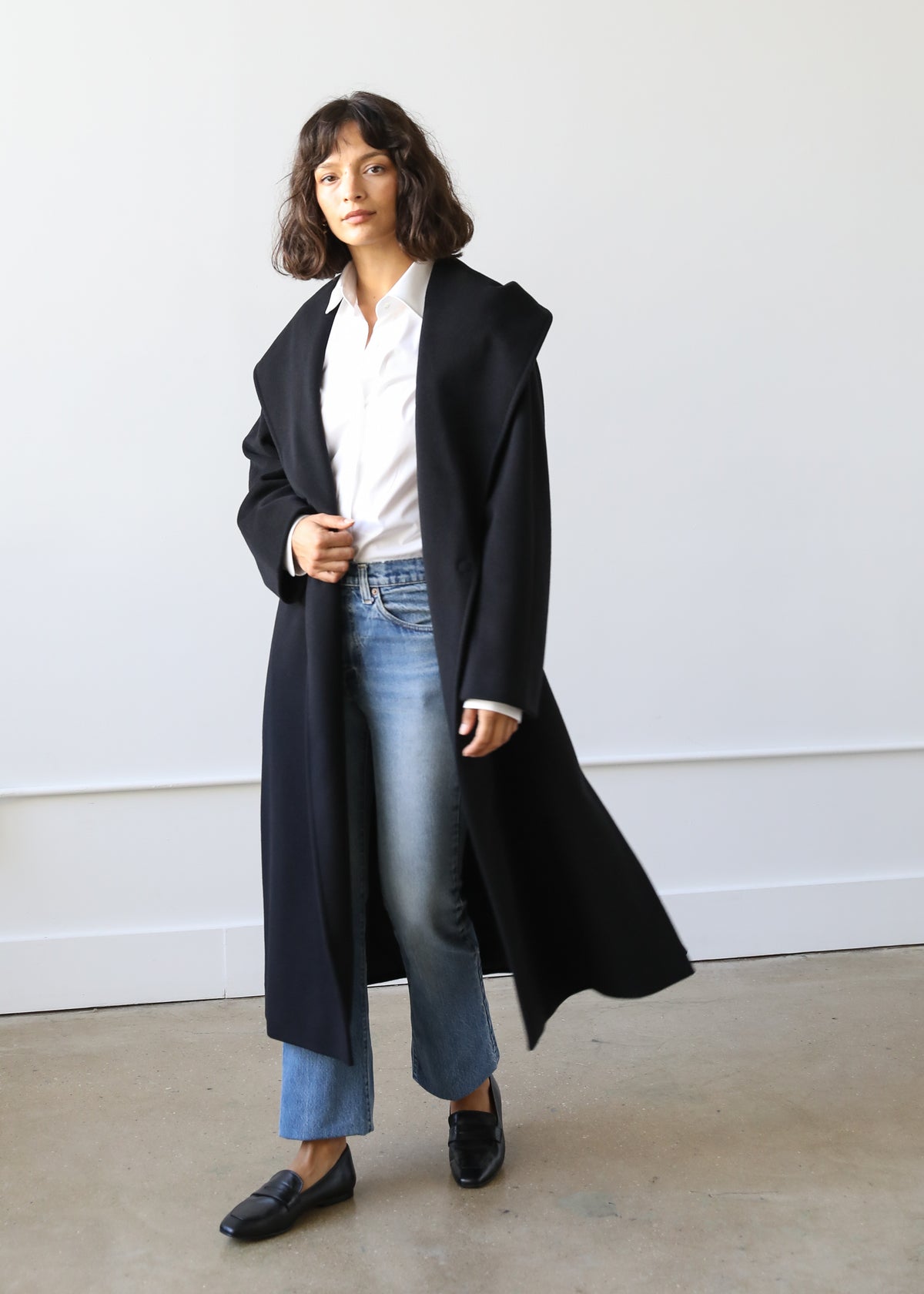 Goff Hooded Wrap Coat in Black Virgin Wool