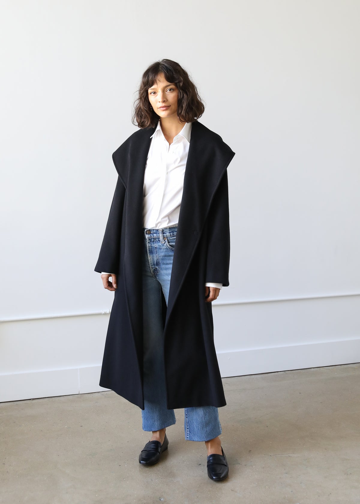 Goff Hooded Wrap Coat in Black Virgin Wool