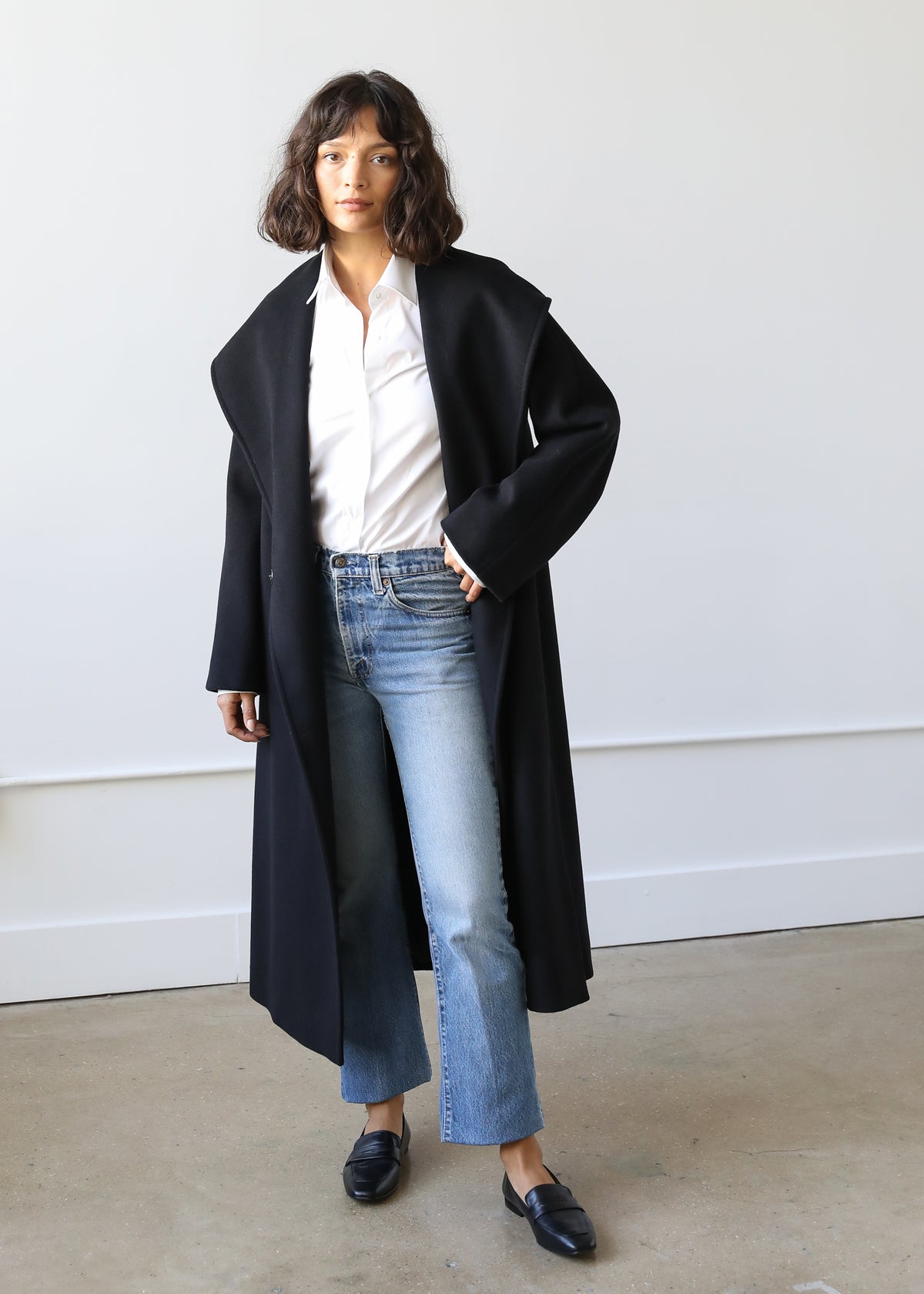 Estella NYC Goff Hooded Wrap Coat in Black Virgin Wool