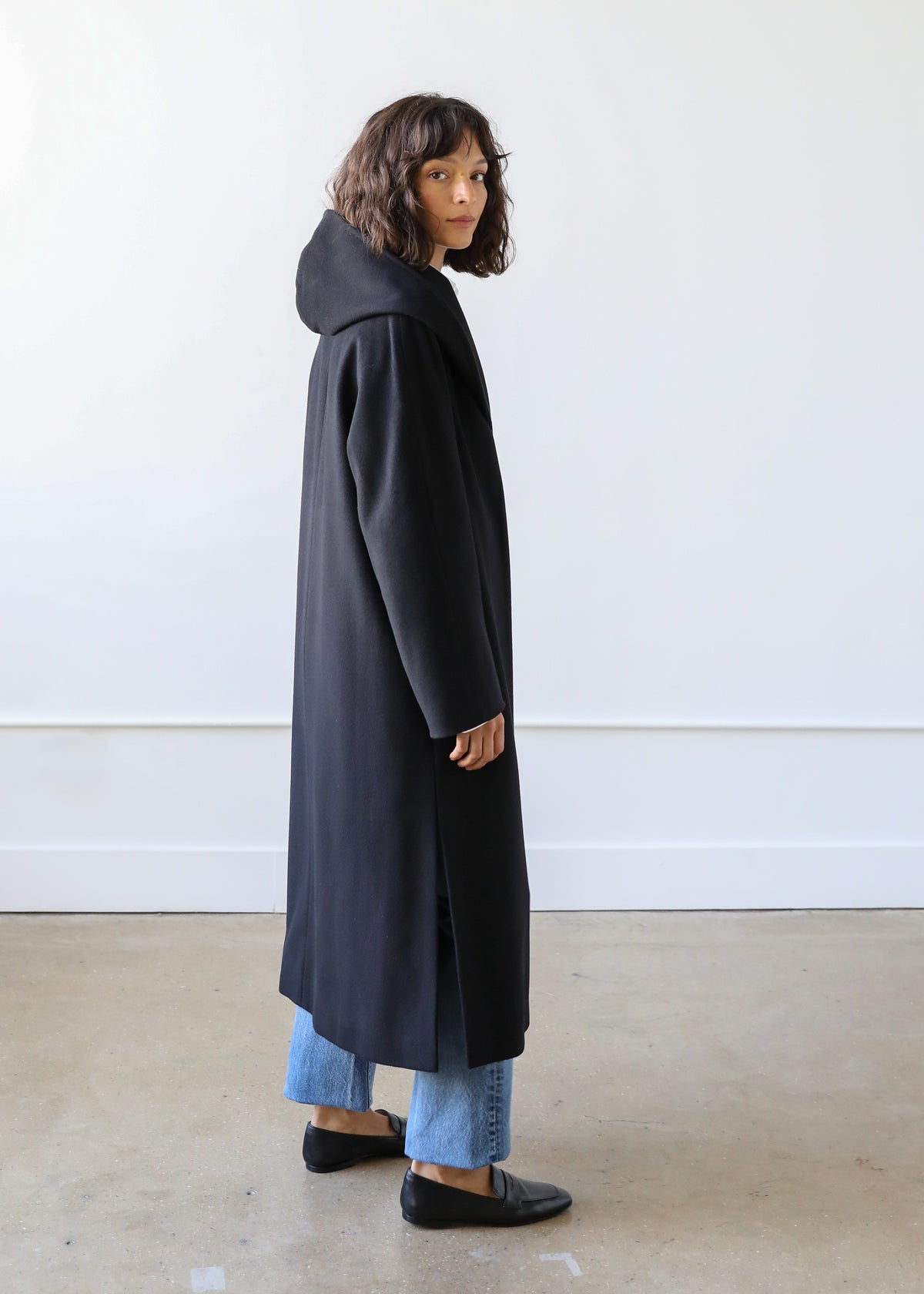 Goff Hooded Wrap Coat in Black Virgin Wool