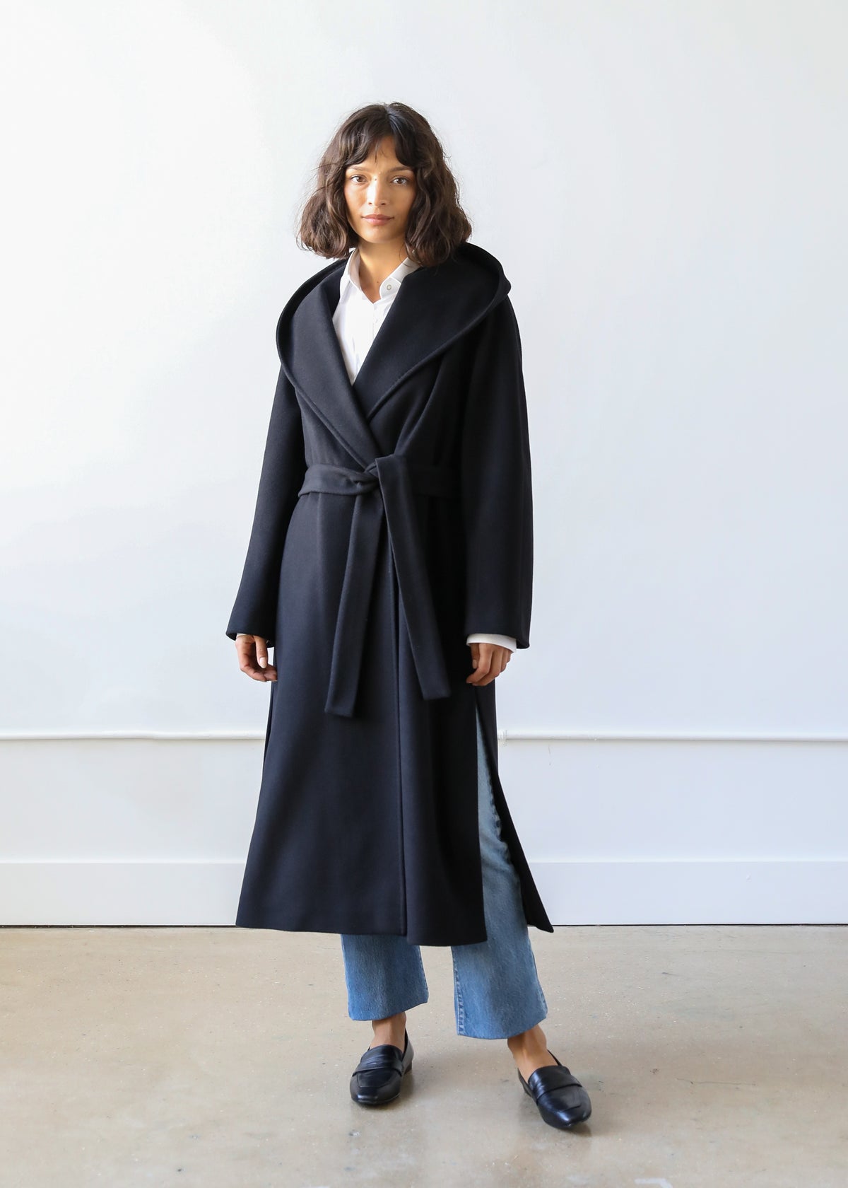 Goff Hooded Wrap Coat in Black Virgin Wool