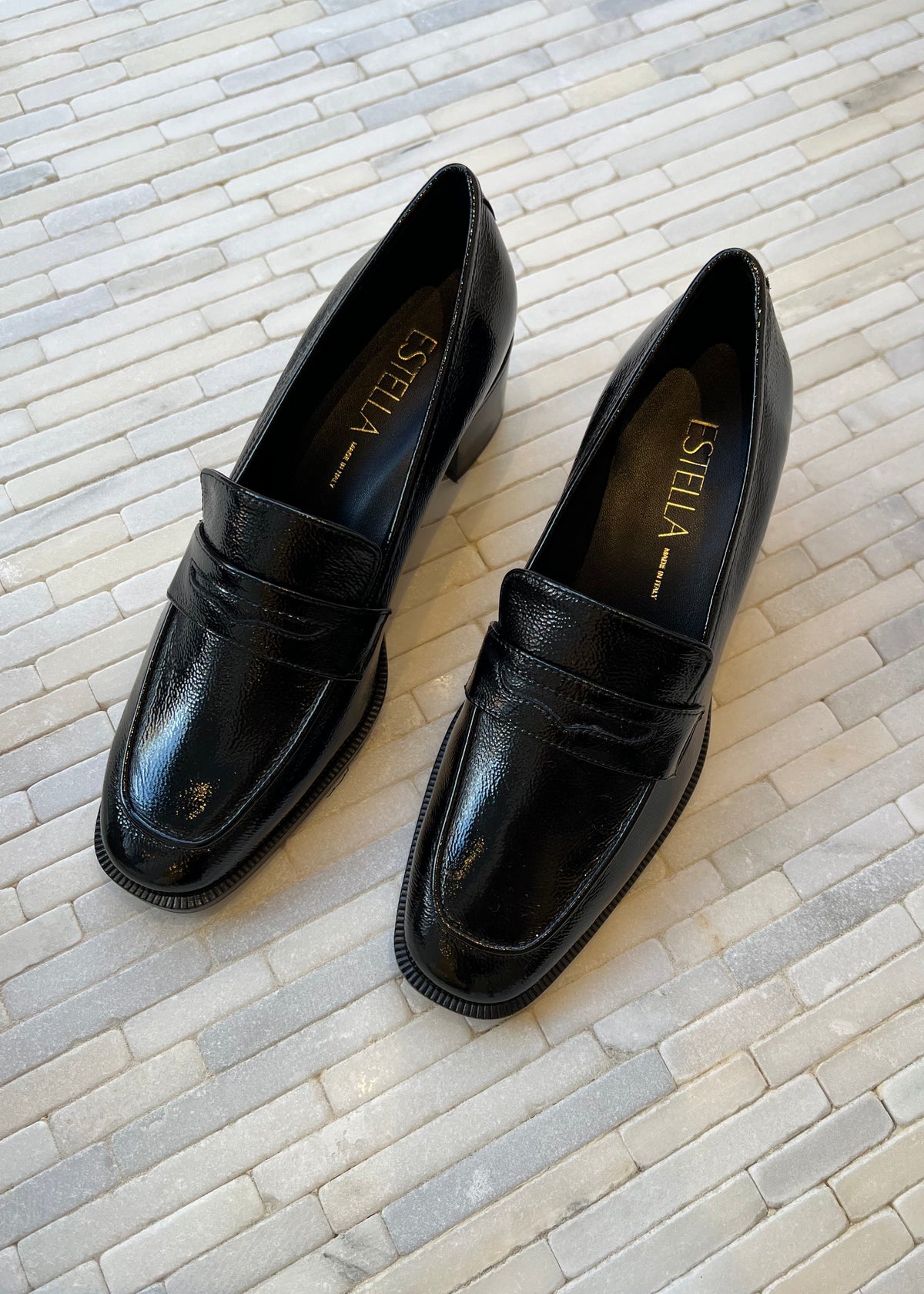 Alice Heeled Penny Loafer in Black Patent Leather